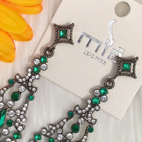 Long Post Drop Dangle Earrings Jeweled Green Rhinestone Runway Pageant Statement - Picture 3 of 4